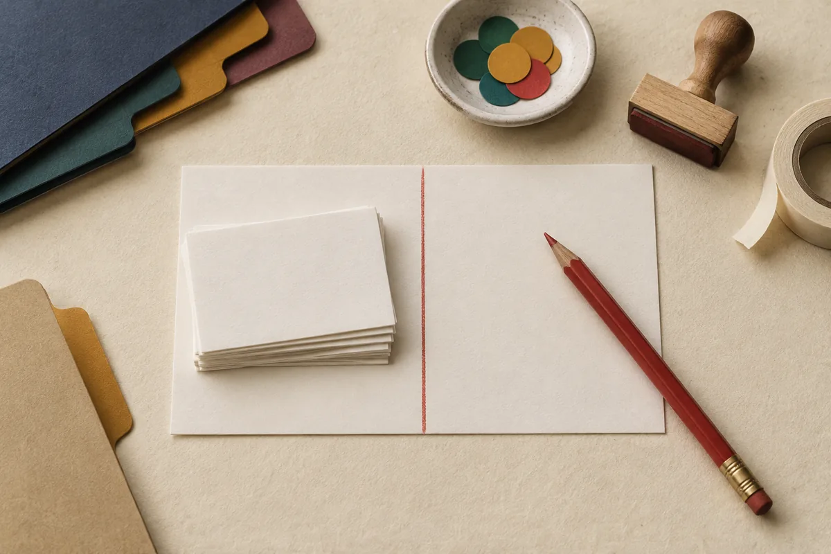 Eine Karte, mit Rotstift in zwei Felder geteilt: links ein Stapel abgegebener Karten, rechts liegt nur der Stift