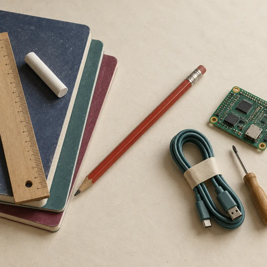 Links Schulhefte, Kreide und Lineal, rechts eine Platine, ein Kabel und ein Schraubenzieher, dazwischen ein Rotstift